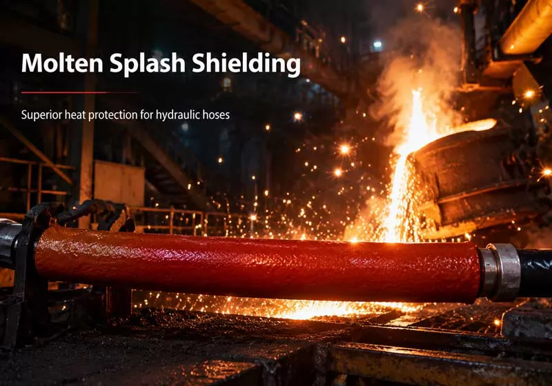 Fire sleeve protecting hydraulic hoses and cables in a high-temperature industrial environment.