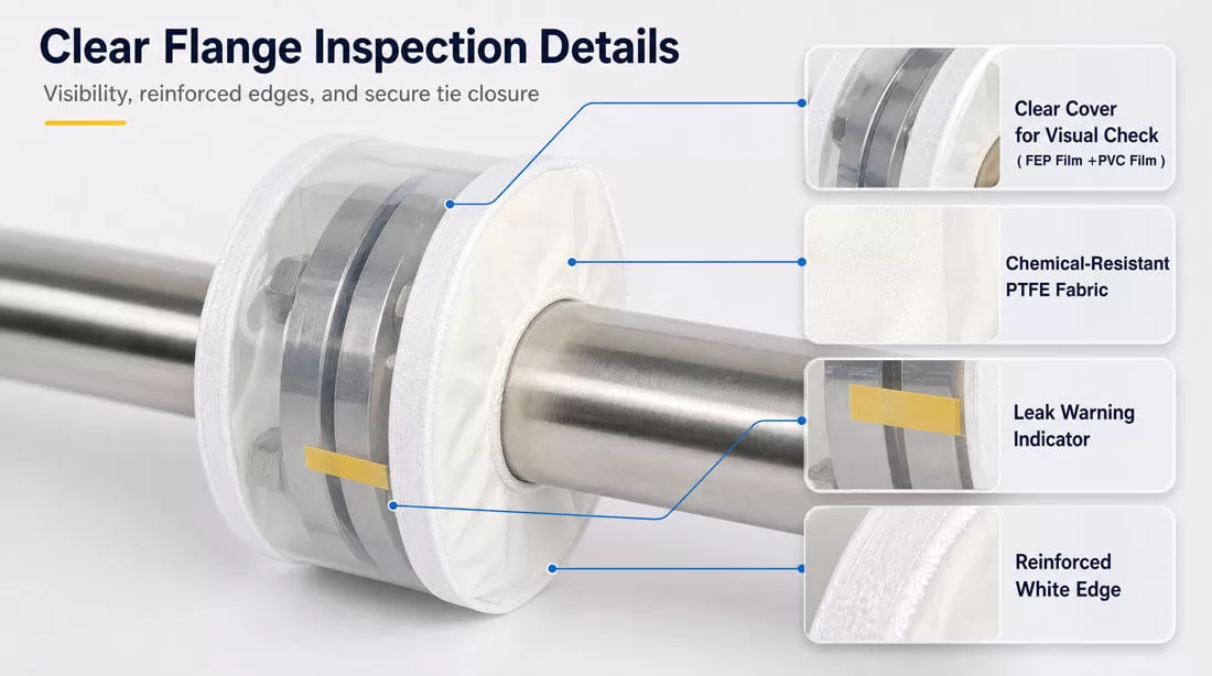 PTFE flange spray shield installed on chemical process pipeline flange connection