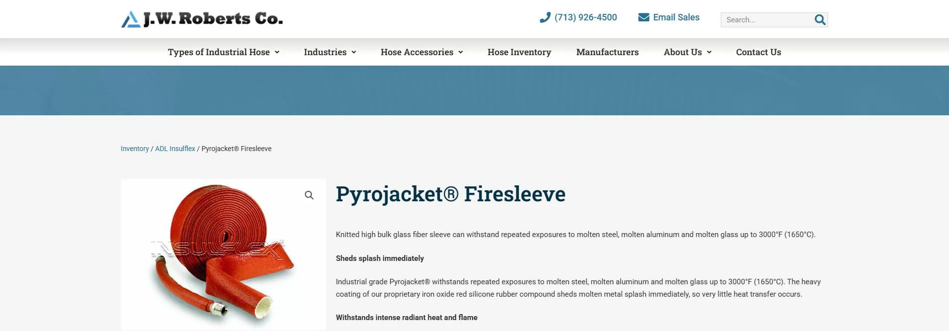 J.W. Roberts PyroJacket Firesleeve - High Temperature Hose Protection