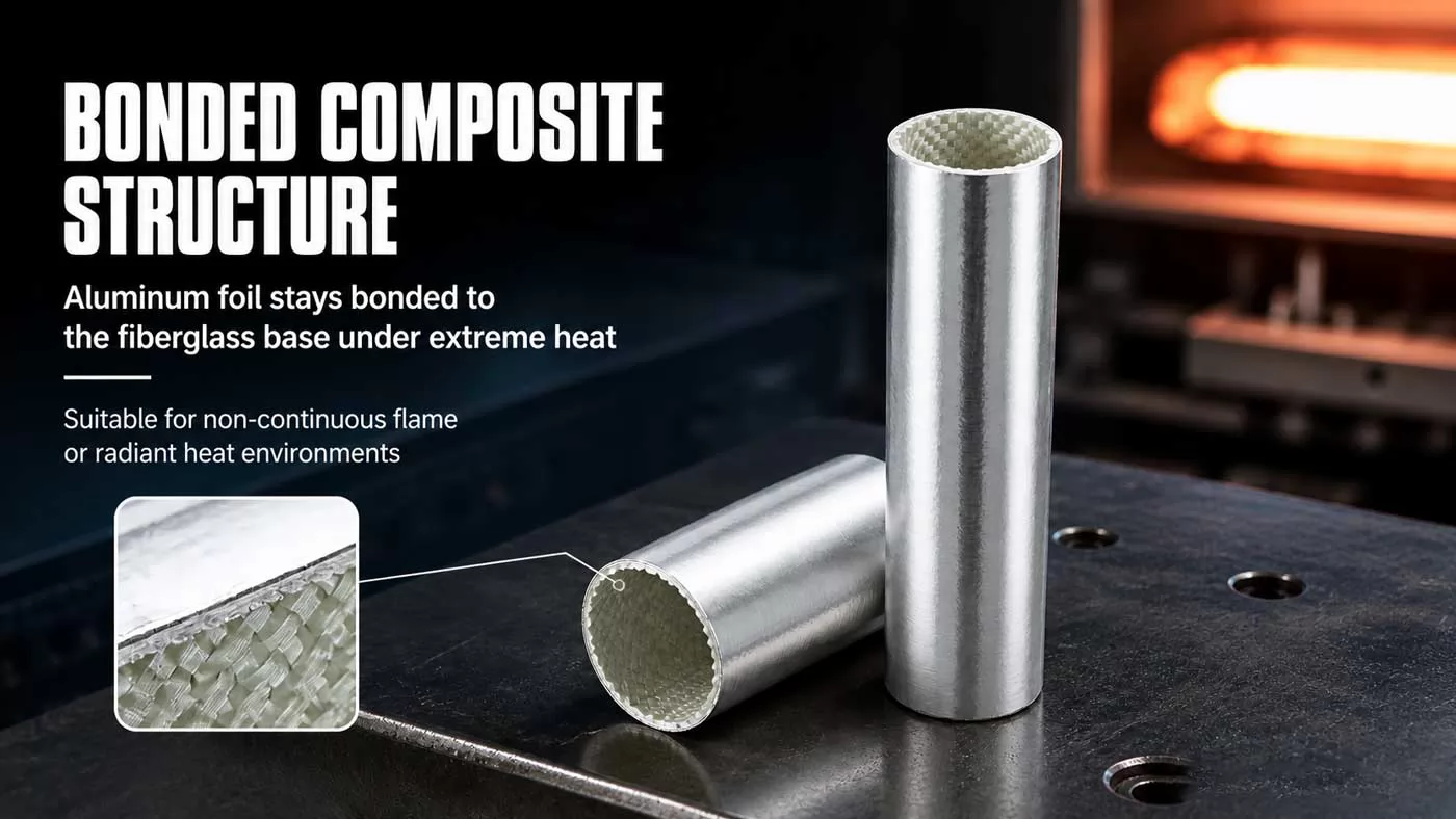 Aluminized fiberglass sleeve with durable laminated construction for radiant heat and intermittent flame protection