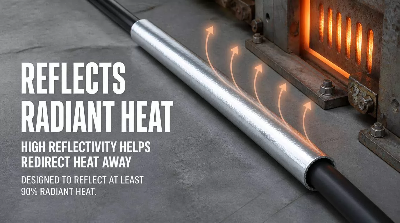 Aluminized fiberglass sleeve reflecting radiant heat to protect hoses and cables in high-temperature environments