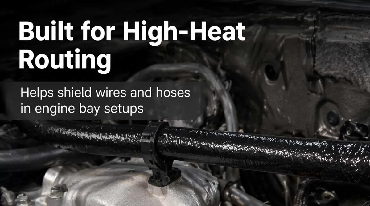 Basalt fiber fire sleeve protecting cables and wiring harnesses in high-temperature engine compartment environments