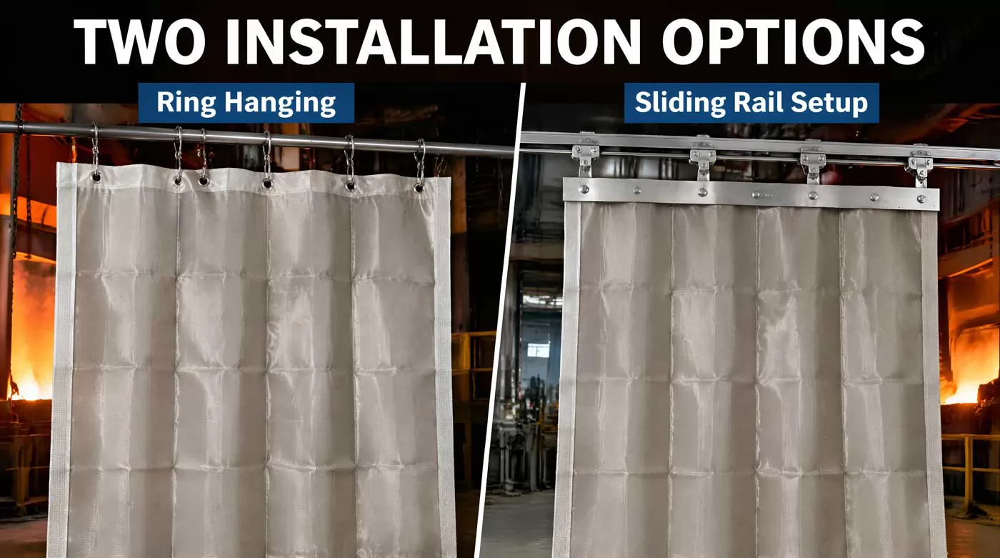 Comparison of hanging rod and sliding rail installation methods for industrial heat shield curtains