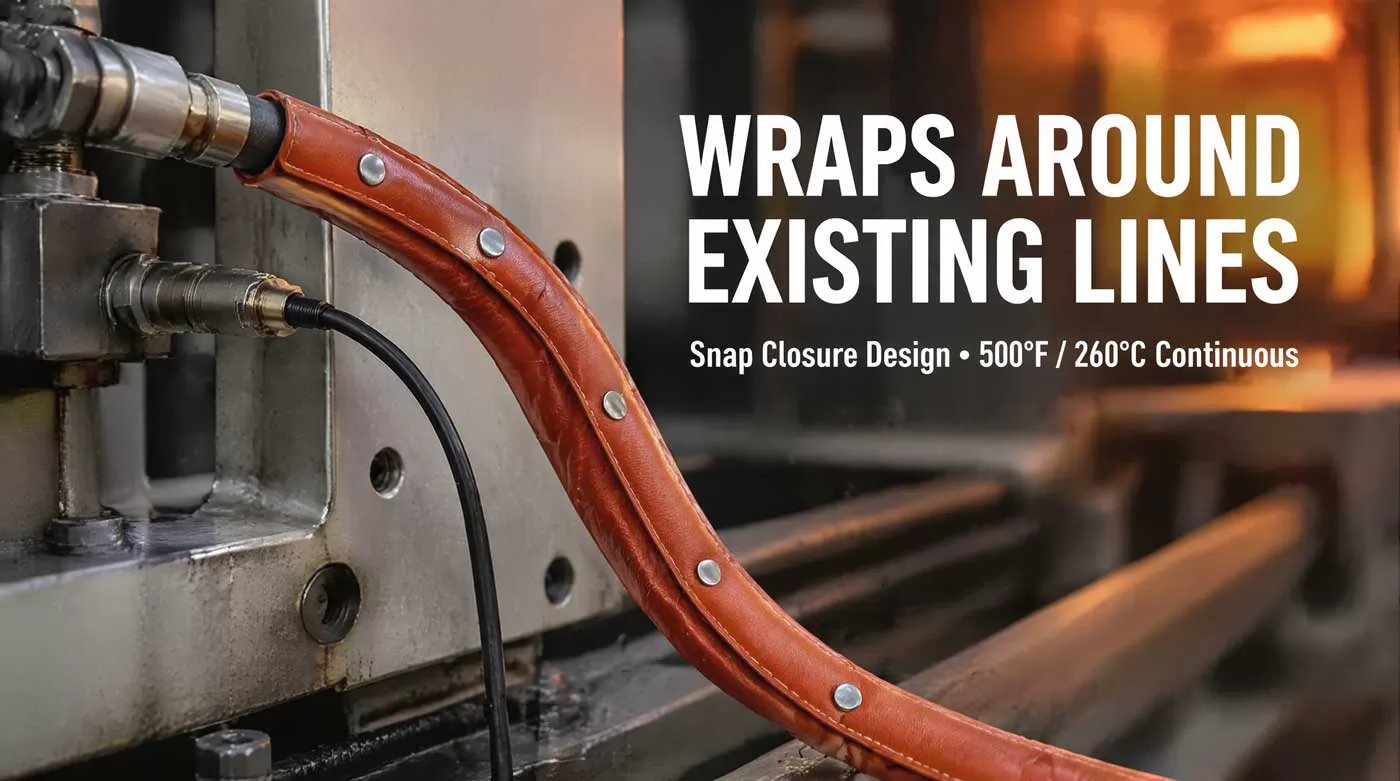 Removable Snap Closure Fire Sleeve Allowing Quick Installation on Existing Cables and Hoses Without Disassembly