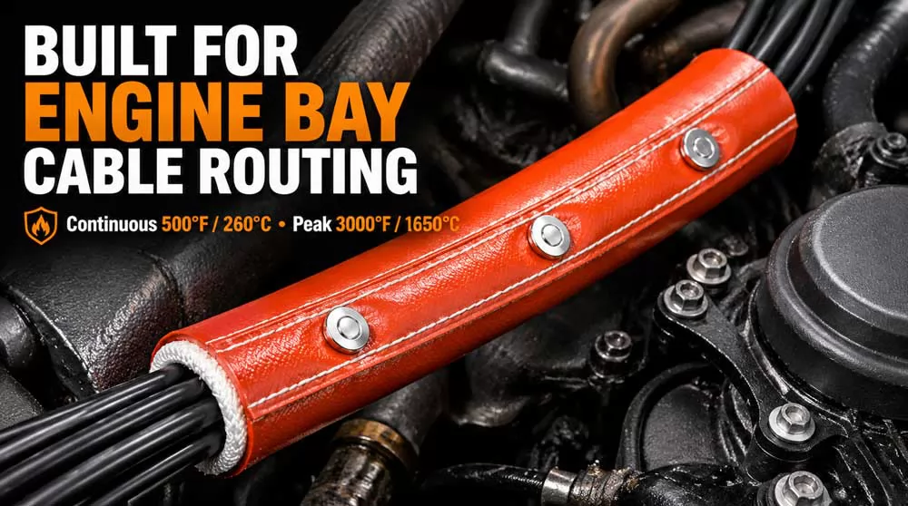 Snap Closure Fire Sleeve Protecting Wiring Harnesses in High-Temperature Engine Compartments
