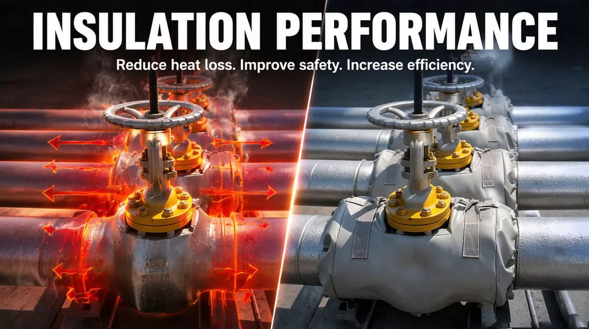Valve insulation jacket installed on steam piping system for heat retention