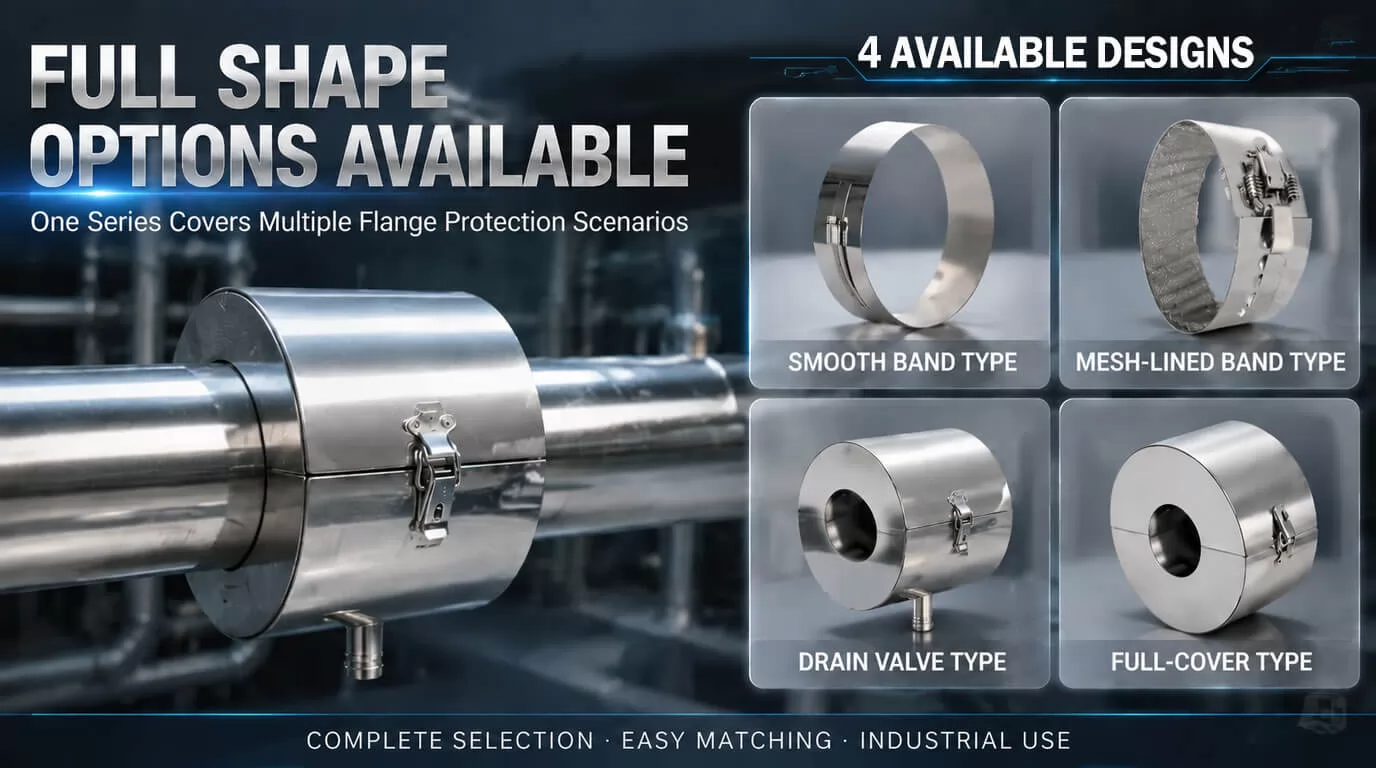 LXHTR metal flange guard types including full-cover drain valve and steel band designs