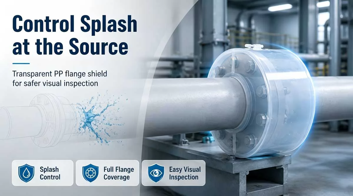 PP plastic flange guard installed on industrial pipe flange