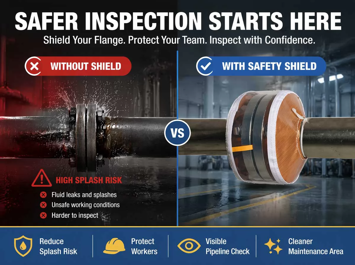 Comparison of chemical spray from an unprotected flange versus a PTFE coated flange guard containing hazardous splash