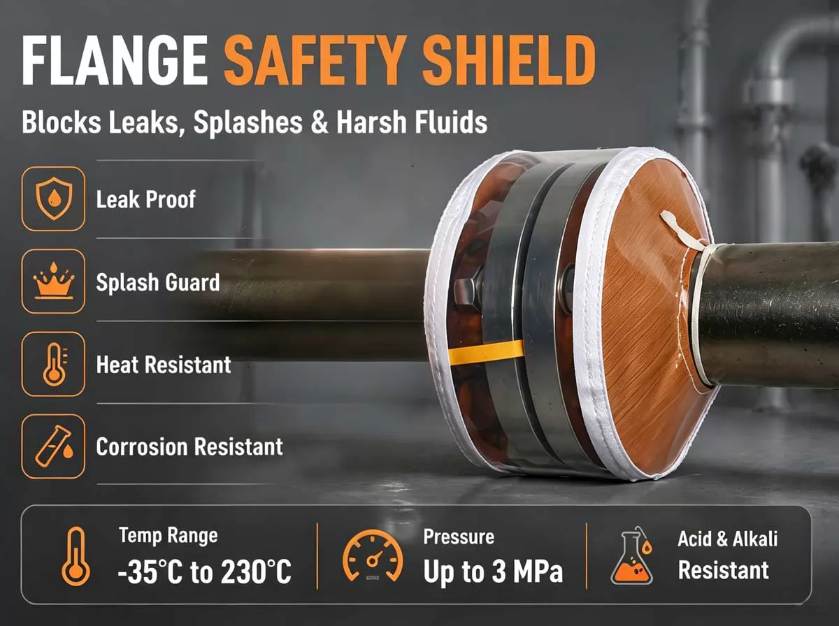 PTFE coated flange guard installed on chemical process pipeline