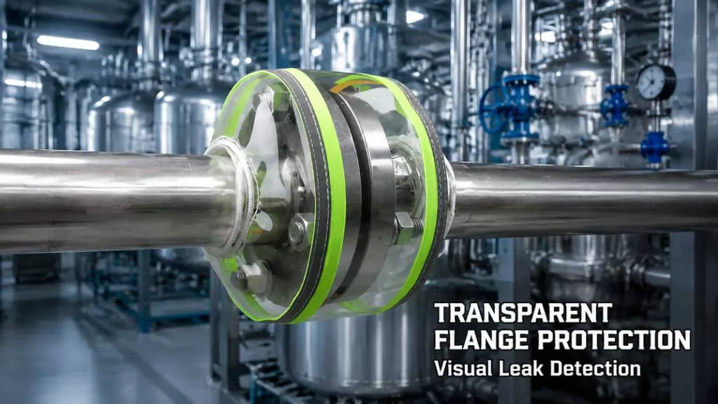 PVC flange guard installed on an industrial pipeline flange for temporary chemical splash protection